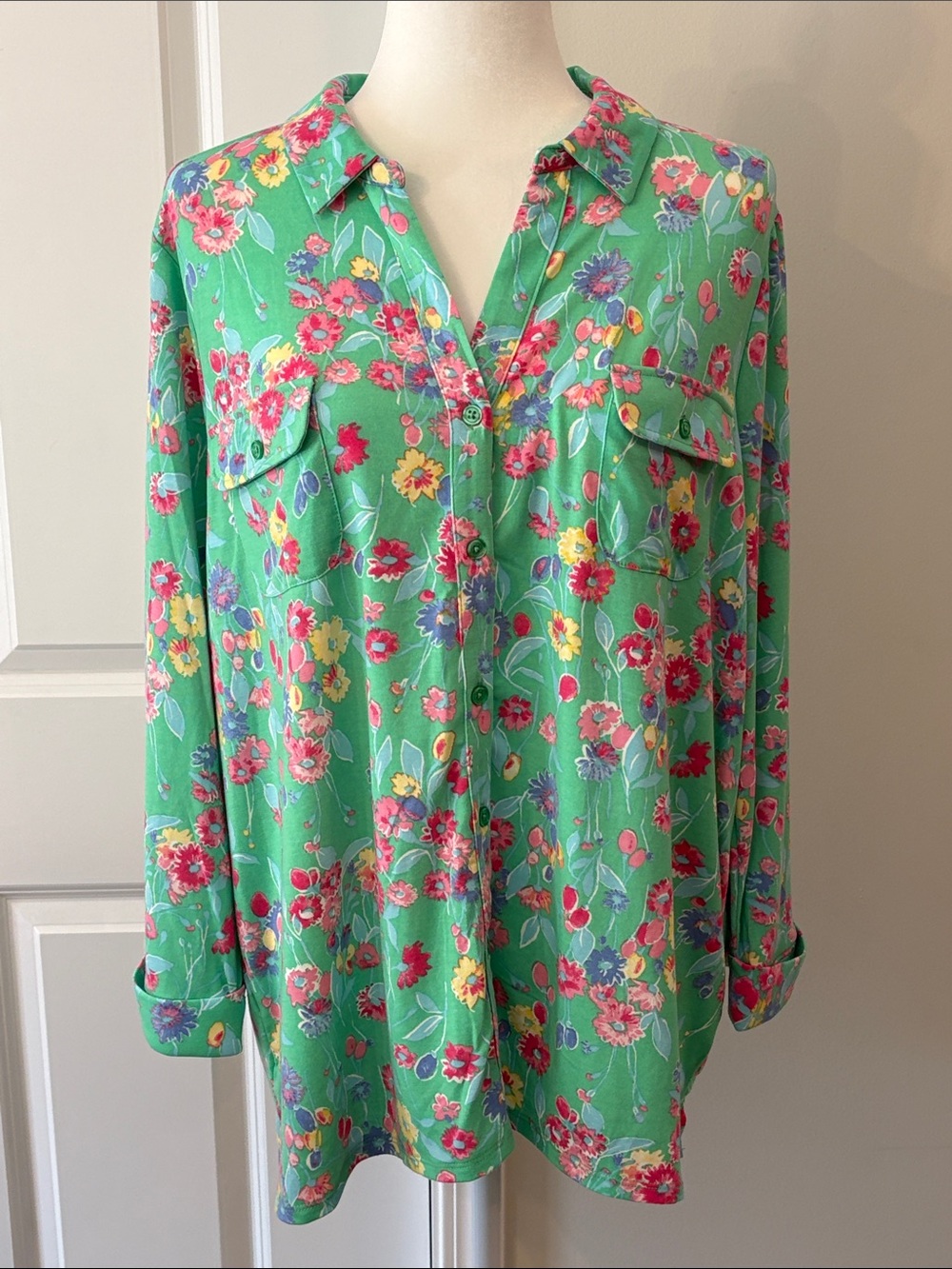 NWT Kim Rogers Green Floral Collar,Button-Down,Long Sleeve Knit Blouse Size XXL
